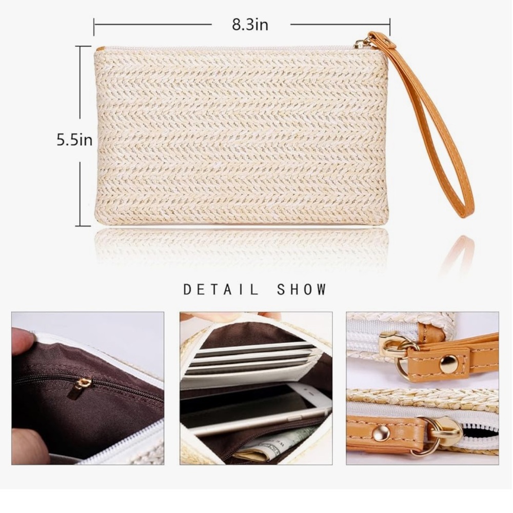 Womens Straw Clutch Bag Bohemian Summer Beach Straw Purse - Picture 2 of 6